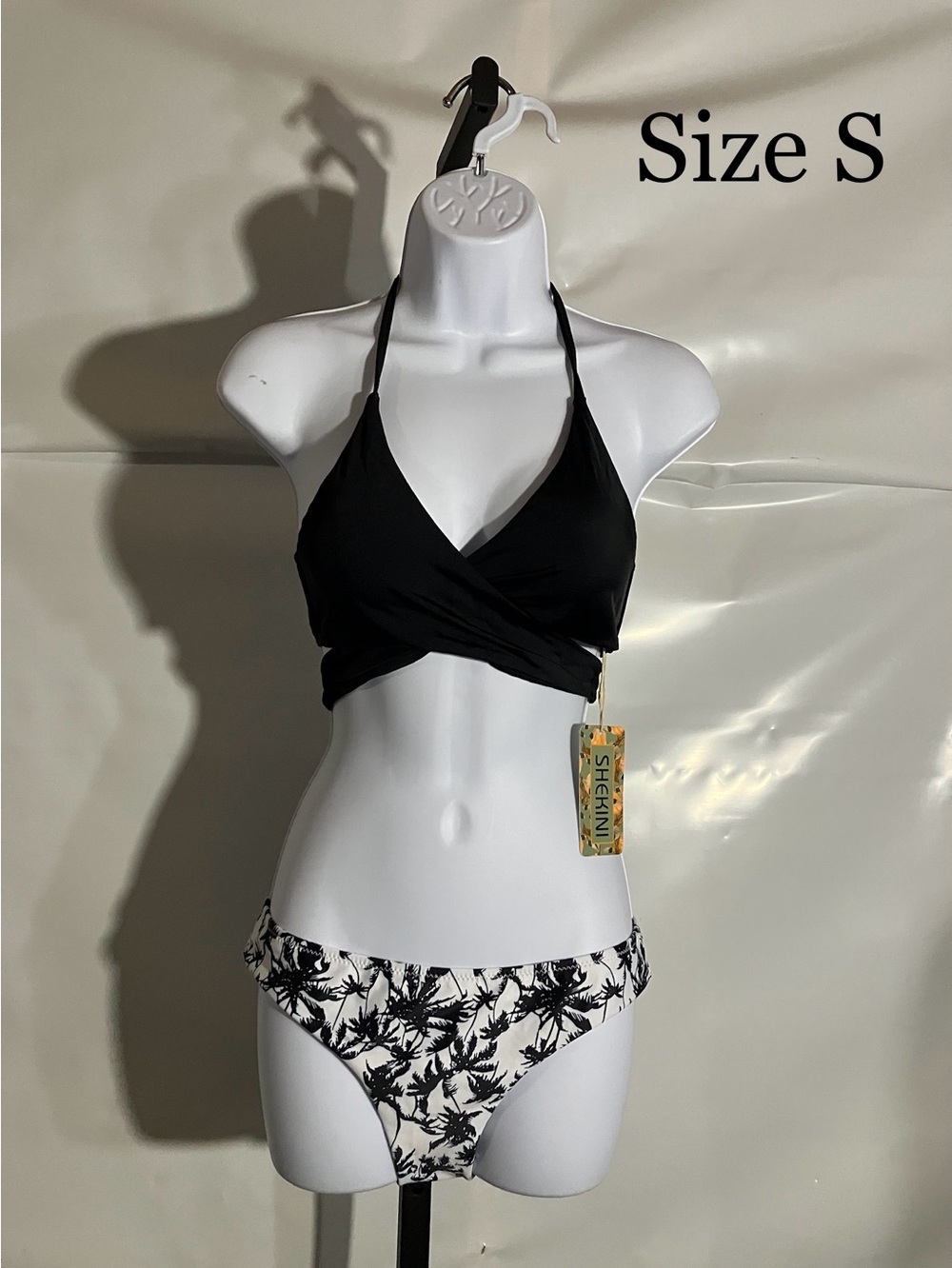 Women’s Black Tie-Back Bikini Top with Black & White Palm-Print Bottoms